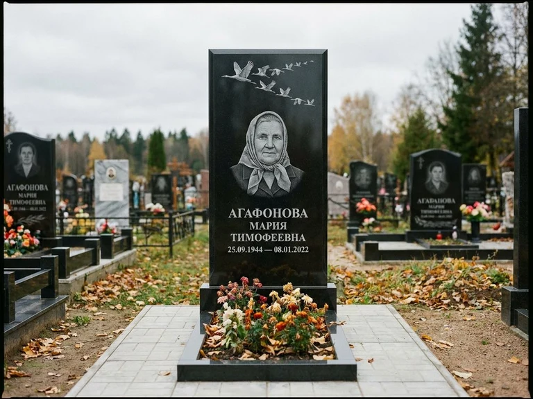 Гравировка журавлей на памятник в Тольятти — памятник из чёрного гранита с гравировкой