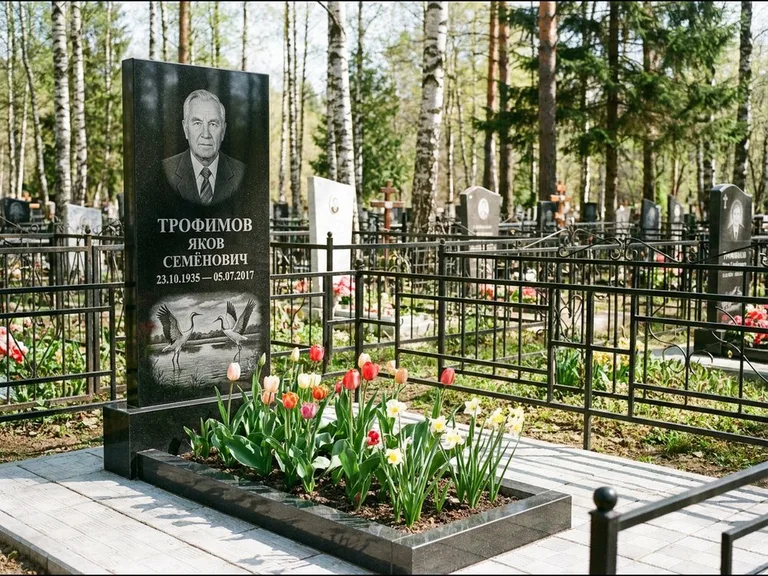 Памятник с гравировкой журавлей — гравировка пары журавлей над гладью озера в нижней части, работа «Трофимов» в Тольятти