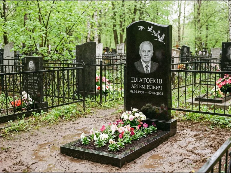 Памятник с гравировкой журавлей — белая гравировка клина журавлей, уходящего в верхний угол ст, работа «Платонов» в Тольятти