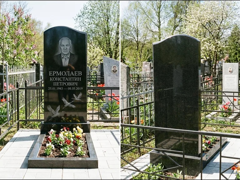 Памятник с гравировкой журавлей — гравировка трёх журавлей по диагонали через свободное поле с, работа «Ермолаев» в Тольятти