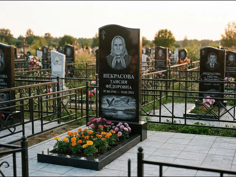 Памятник с гравировкой журавлей — гравировка пары журавлей над гладью озера в нижней части, работа «Некрасова» в Тольятти