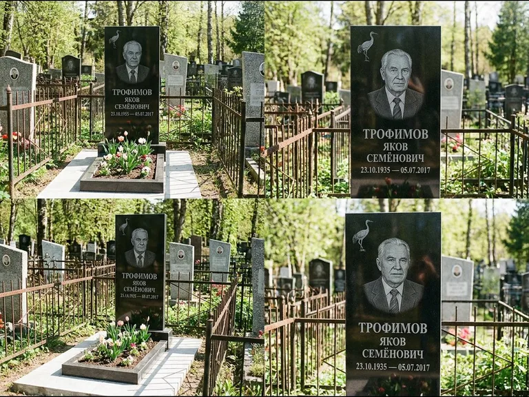 Памятник с гравировкой журавлей — гравировка одиночного летящего журавля над портретом, работа «Трофимов» в Тольятти
