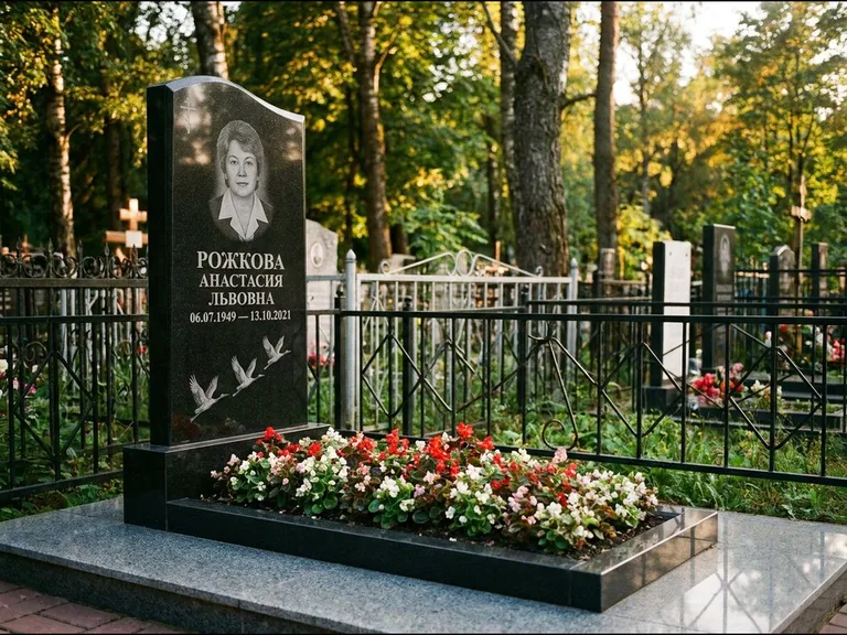 Памятник с гравировкой журавлей — гравировка трёх журавлей по диагонали через свободное поле с, работа «Рожкова» в Тольятти