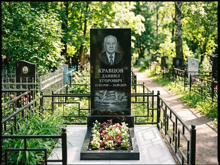 Памятник с гравировкой журавлей — гравировка пары журавлей над гладью озера в нижней части, работа «Кравцов» в Тольятти