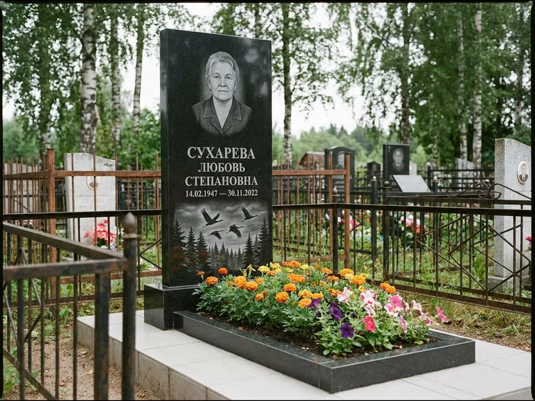 Памятник с гравировкой журавлей — гравировка силуэтов журавлей над еловым лесом, работа «Сухарева» в Тольятти