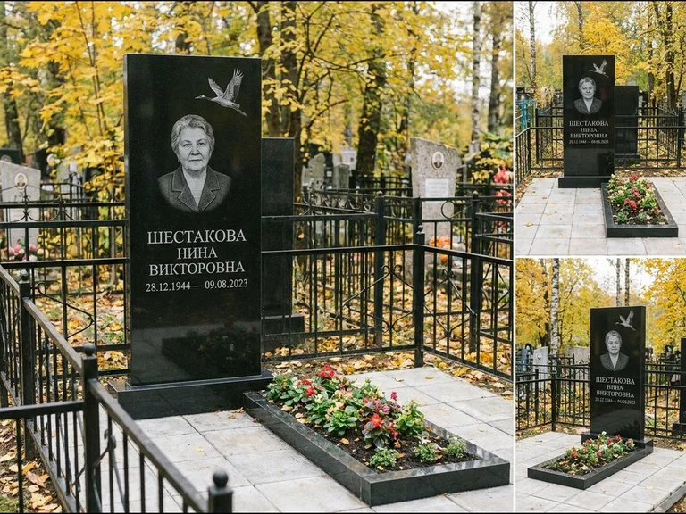 Памятник с гравировкой журавлей — гравировка одиночного летящего журавля над портретом, работа «Шестакова» в Тольятти