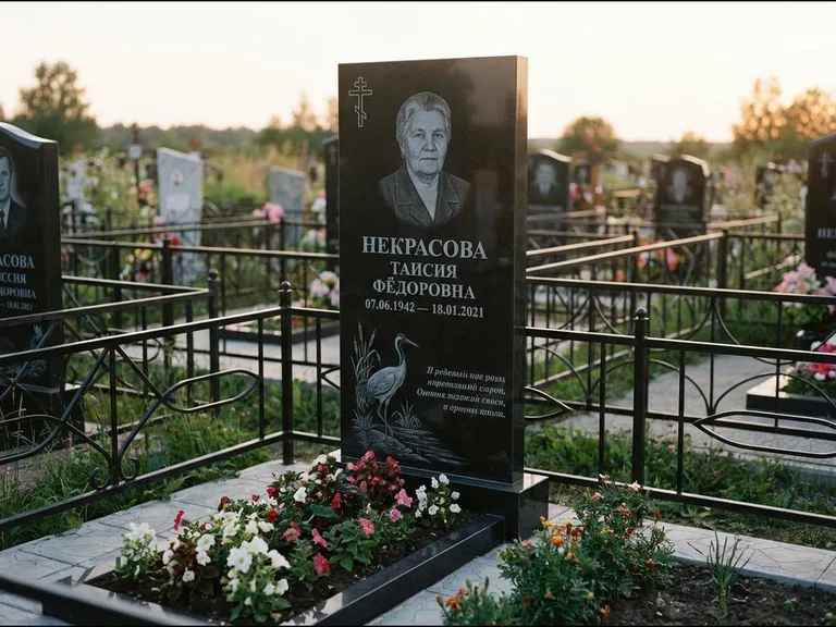 Памятник с гравировкой журавлей — гравировка журавля у камышей рядом с эпитафией, работа «Некрасова» в Тольятти