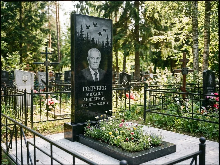 Памятник с гравировкой журавлей — гравировка силуэтов журавлей над еловым лесом, работа «Голубев» в Тольятти