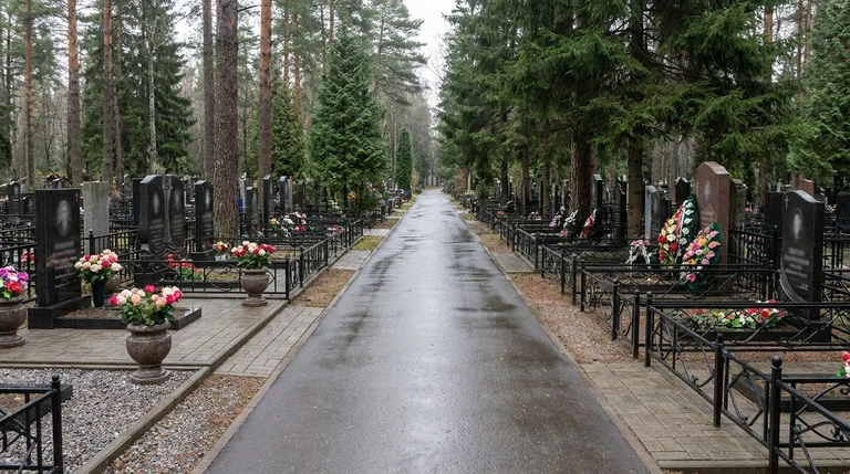 Гранитный памятник на семейном участке Киновеевского кладбища в Невском районе Санкт-Петербурга