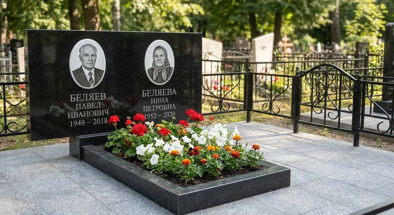 Семейный (двойной) памятник, Пример гранитного памятника, установленного мастерской на кладбище в Новосибирске