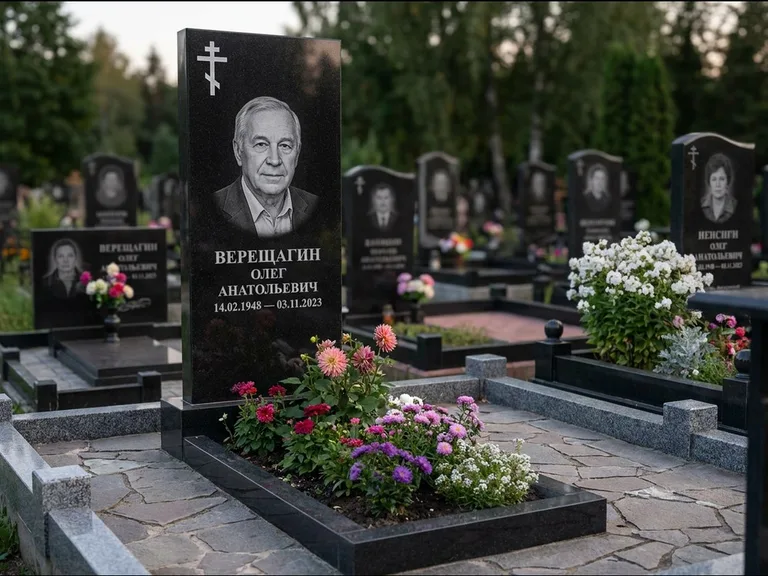 Памятник из чёрного гранита — горизонтальная плита-стела с православным восьмиконечным крестом, работа «Тихонов» в Тольятти