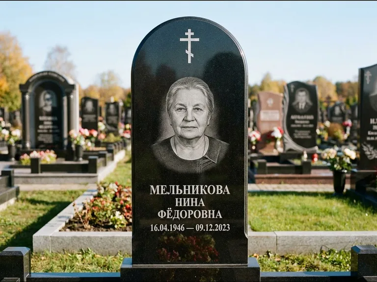 Памятник из чёрного гранита — стела с резным навершием с латинским крестом, работа «Савельева» в Тольятти