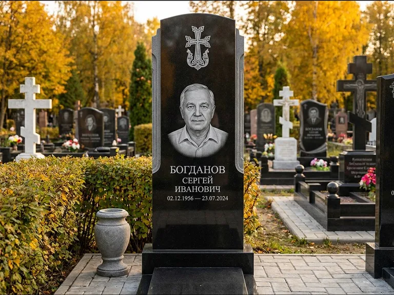 Памятник из чёрного гранита — круглая стела-медальон с армянским хачкаром, работа «Ковалёв» в Тольятти