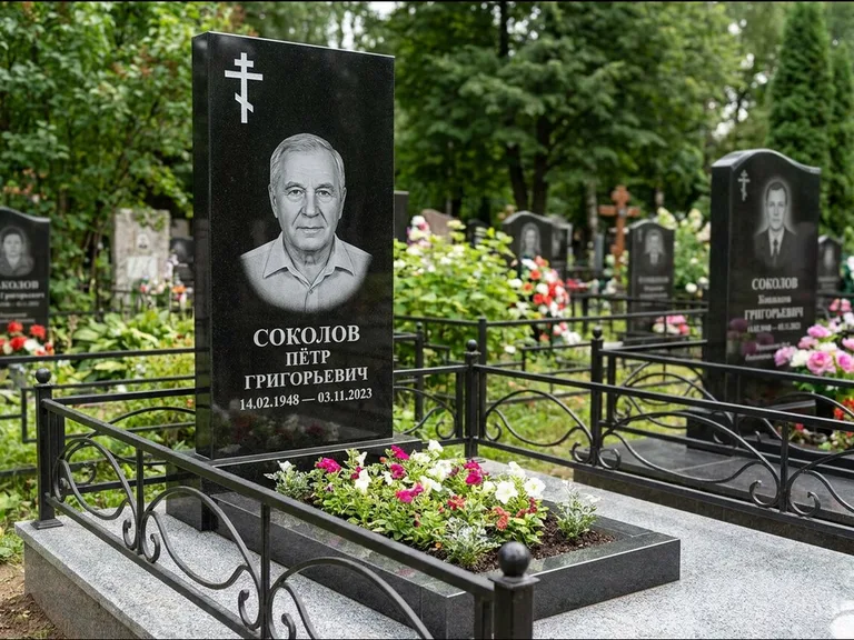 Памятник из чёрного гранита — стела с арочным верхом с православным восьмиконечным крестом, работа «Ковалёв» в Тольятти