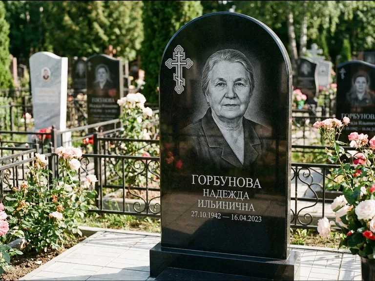 Памятник из чёрного гранита — стела с боковой колонной с крестом в лучах, работа «Мельникова» в Тольятти