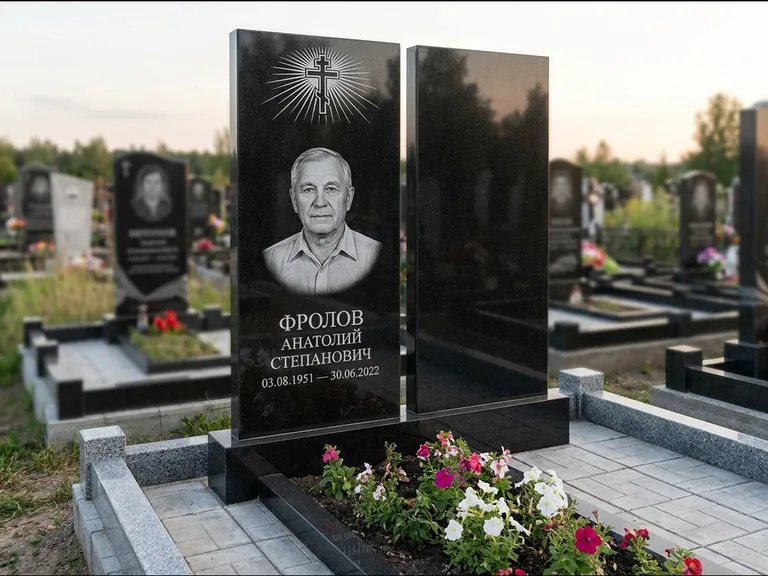 Памятник из чёрного гранита — стела на ступенчатом постаменте с золочёным крестом, работа «Богданов» в Тольятти