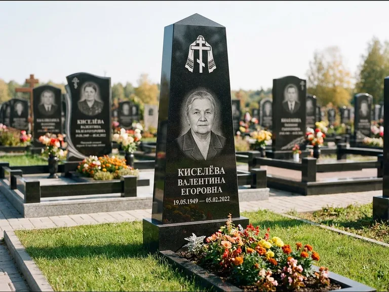 Памятник из чёрного гранита — стела со скошенным верхом с ажурным резным крестом, работа «Селезнёва» в Тольятти
