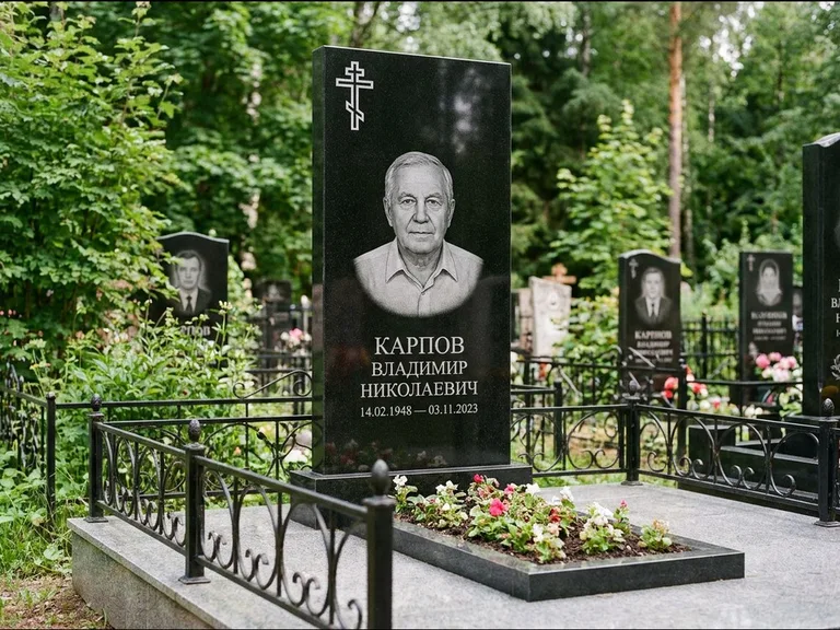 Памятник из чёрного гранита — узкая стела с ажурным крестом с православным восьмиконечным крестом, работа «Гущин» в Тольятти