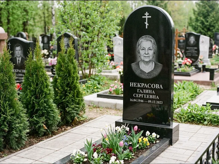 Памятник из чёрного гранита — стела с цветником-плитой с латинским крестом, работа «Лаврентьева» в Тольятти