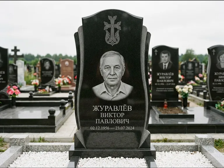 Памятник из чёрного гранита — панорамная стела с армянским хачкаром, работа «Тихонов» в Тольятти
