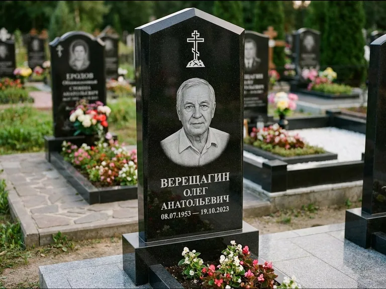 Памятник из чёрного гранита — обелиск-колонна с крестом на Голгофе, работа «Ковалёв» в Тольятти