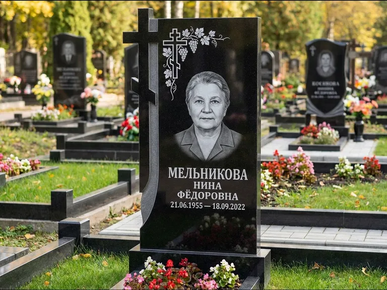 Памятник из чёрного гранита — стела с резной рамкой с крестом с распятием, работа «Некрасова» в Тольятти