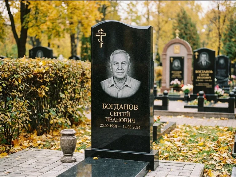 Памятник из чёрного гранита — стела с цветником с процветшим крестом с виноградной лозой, работа «Журавлёв» в Тольятти