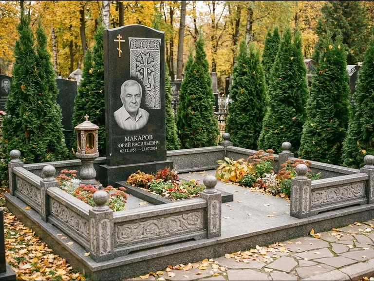 Памятник из чёрного гранита — стела с крестом и лампадой с армянским хачкаром, работа «Гущин» в Тольятти