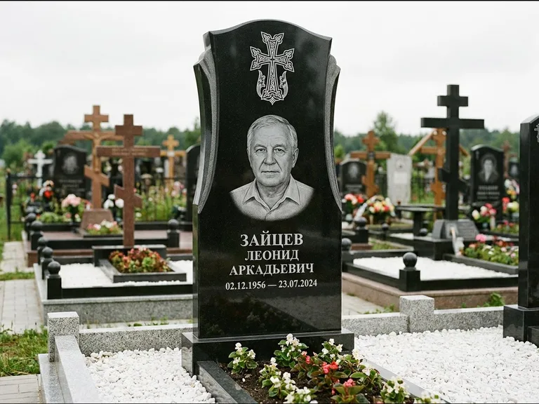 Памятник из чёрного гранита — семейная стела на двоих с армянским хачкаром, работа «Журавлёв» в Тольятти