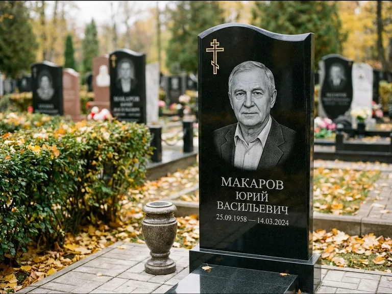Памятник из чёрного гранита — фигурная стела с киот-нишей с процветшим крестом с виноградной лозой, работа «Богданов» в Тольятти