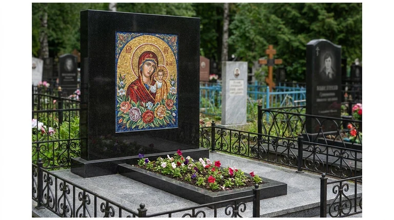 Мозаика на памятник в Тольятти — цветное панно из смальты на чёрной гранитной стеле