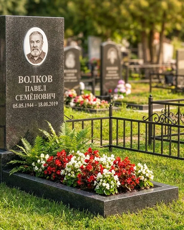 Тёмно-серый памятник под ключ с художественной гравировкой в Тольятти
