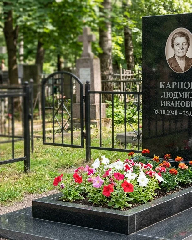 Памятник под ключ с низкой оградой и цветником в Тольятти