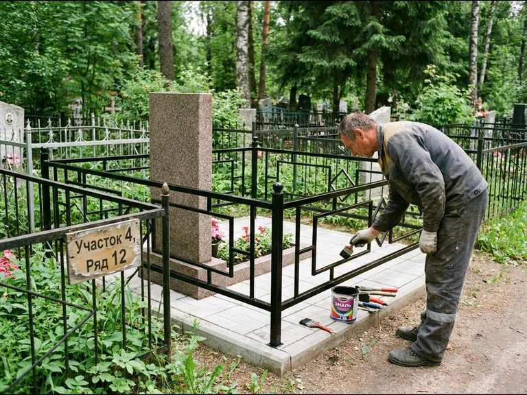 Покраска оградки на кладбище в Тольятти — мастер красит металлическую ограду на могиле чёрной эмалью