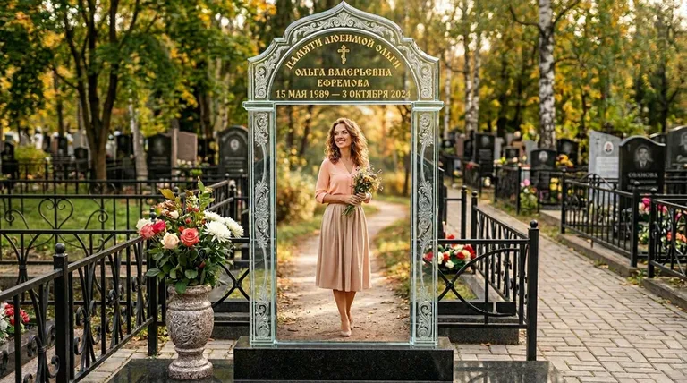 Портрет на стекле в форме арки на памятнике в Тольятти
