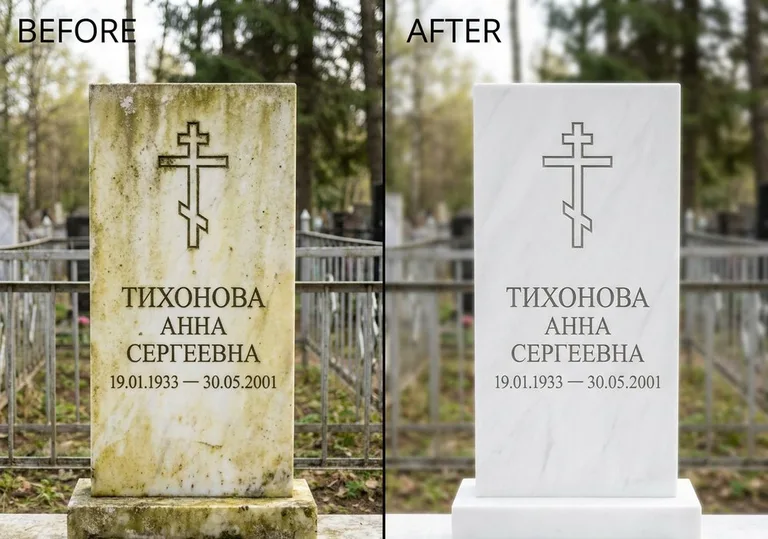 Восстановление мраморного надгробия от желтизны: до и после в Тольятти