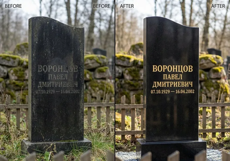 Золочение и обновление надписей на памятнике: до и после в Тольятти