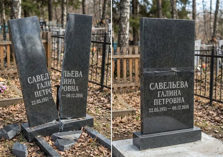 Склейка расколотого гранитного памятника: до и после в Тольятти