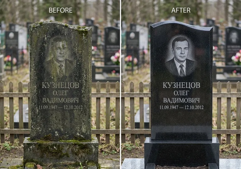 Реставрация гранитного памятника: до и после чистки и полировки в Тольятти
