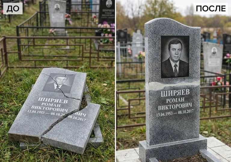 Обновление золочёных букв на граните: до и после в Тольятти