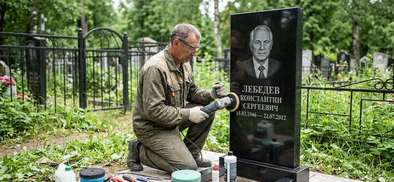 Реставрация памятника в Тольятти — восстановление гранита, заделка трещин и обновление надписей на кладбище