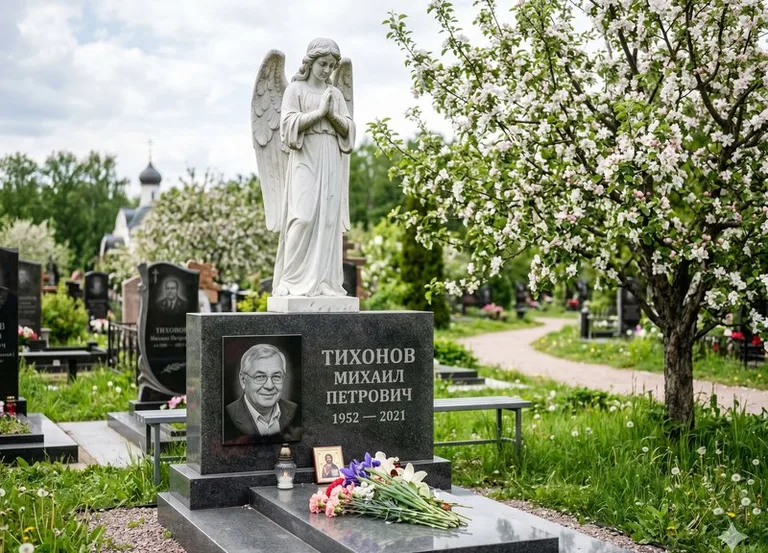 Мраморный молящийся ангел на гранитном памятнике весной в Тольятти