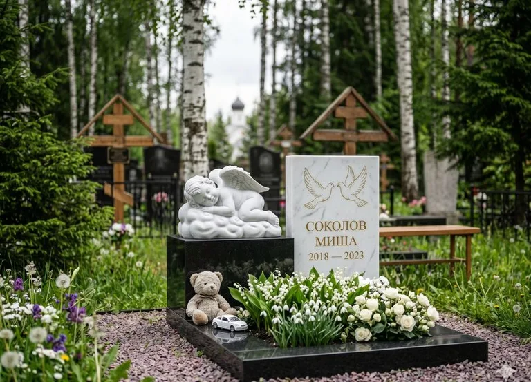 Белый ангелочек на детском памятнике в Тольятти