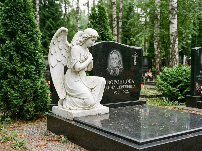 Белый мраморный ангел на гранитном памятнике в Тольятти
