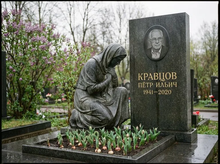 Гранитная скорбящая фигура у стелы на кладбище в Тольятти