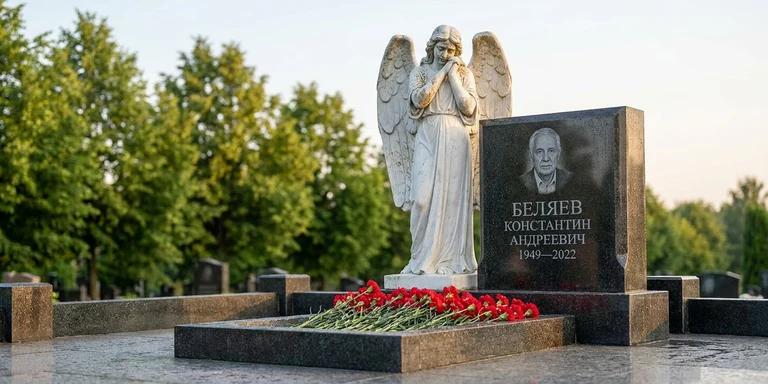 Скульптура на памятник в Тольятти — мраморный ангел на гранитном мемориале