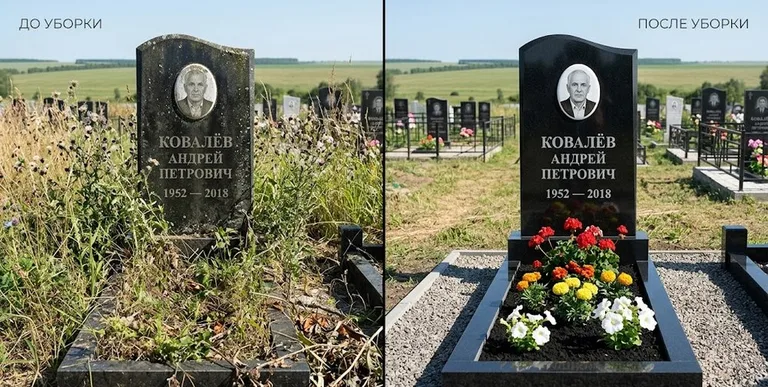 Уборка могилы до и после — ухоженный участок в Тольятти