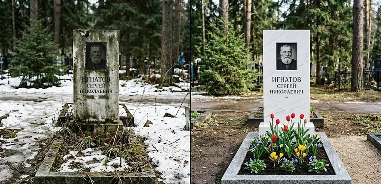 Диптих №6: высадка хризантем у подножия серого гранита — до и после уборки в Тольятти