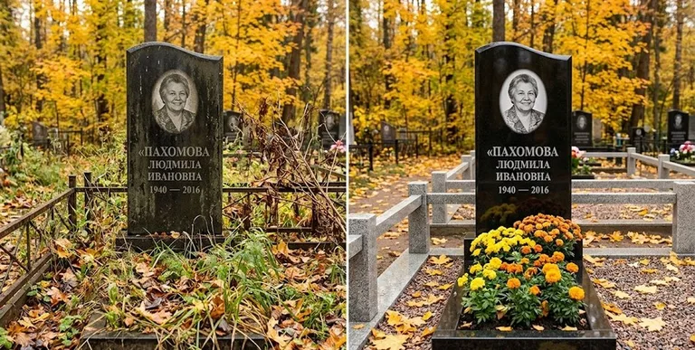 Уборка могилы до и после осенью — клёны в Тольятти
