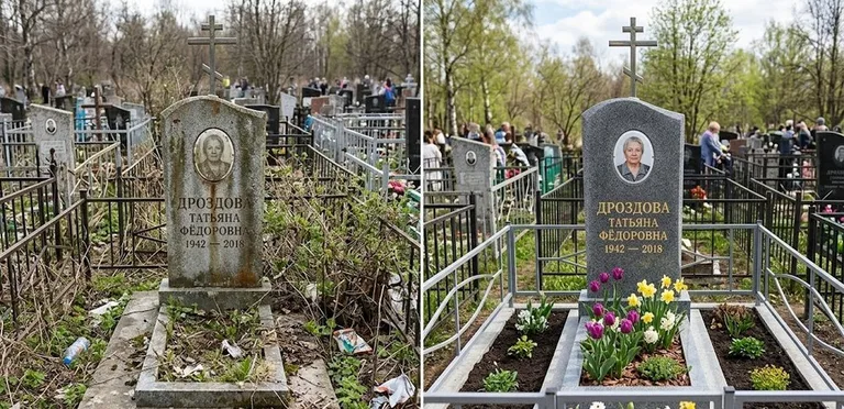 Диптих №4: свежепокрашенная серебром оградка и отмытый красный гранит — до и после в Тольятти